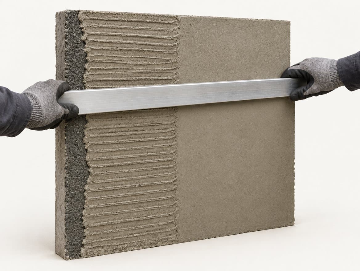 Illustration of gloved hands using a straight edge to level a gray stucco base coat