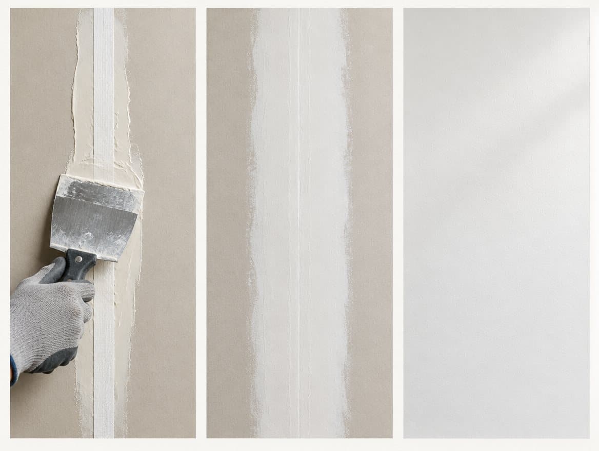 Three illustrated drywall finishing stages: tape in wet compound, a wider smooth coat and a finished wall
