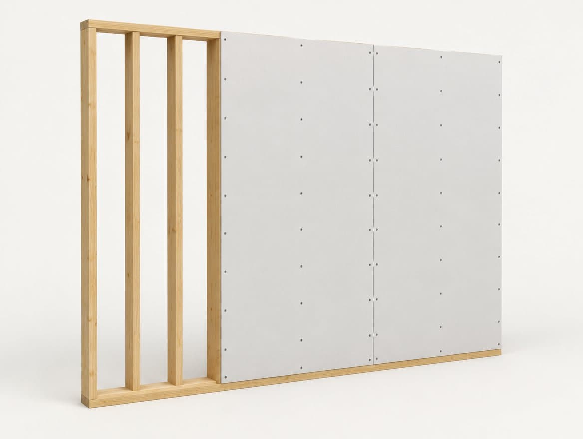 Illustrated interior wall with wood studs exposed on one side and drywall sheets fastened on the other