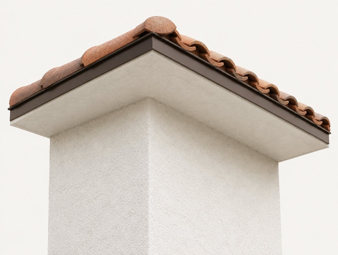 Illustrated roof corner viewed from below, showing white stucco beneath a tiled roof overhang