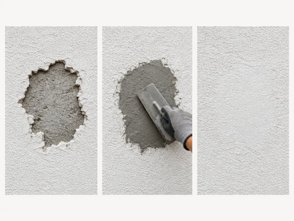 Three illustrated stages of one stucco repair: damaged surface, rebuilt base coats and a fresh finish