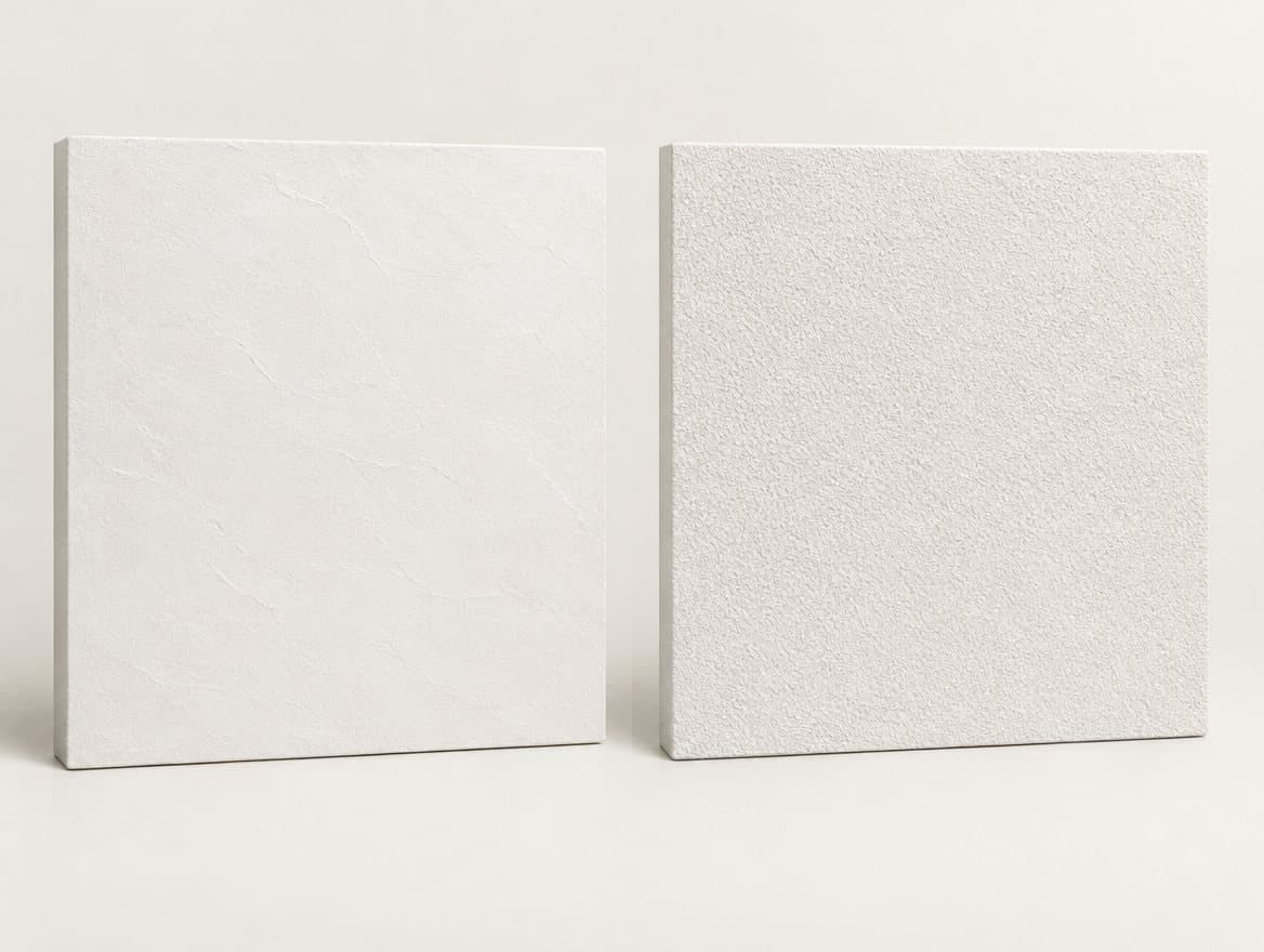 Two illustrated white stucco samples, with a smooth finish on the left and a fine sand texture on the right