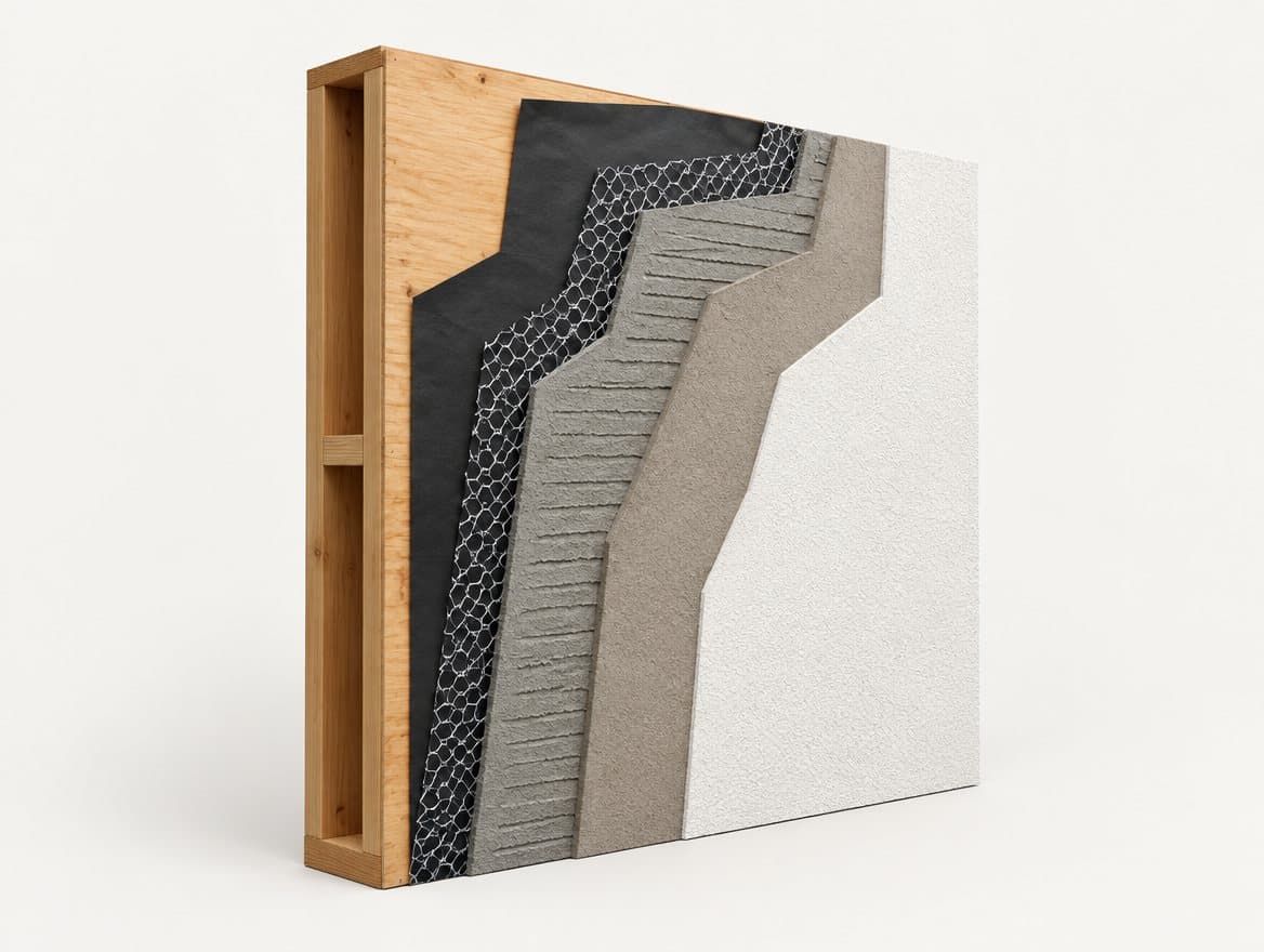 Illustrated stucco wall cutaway showing the frame, paper, wire mesh and three outer coats